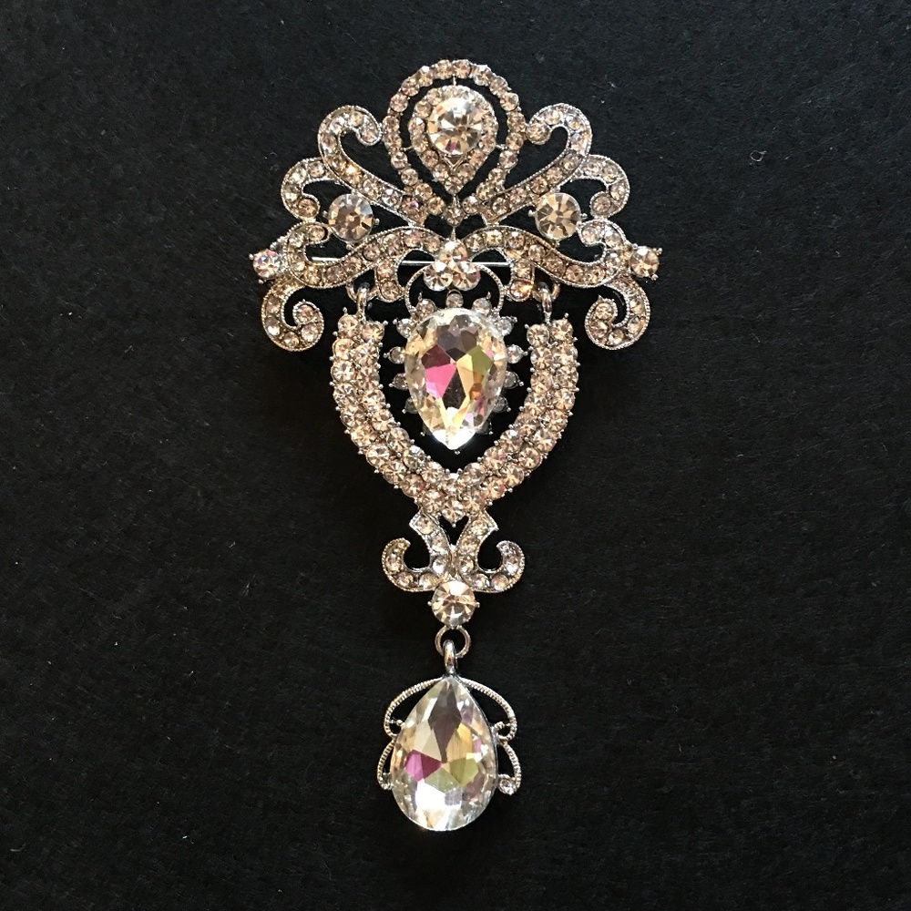 Dangly Silver Crystal Pin with Rhinestones